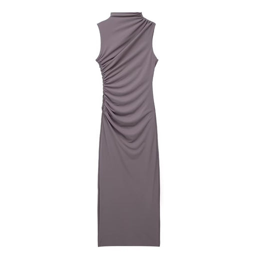 Autumn Pleated Decoration Slim Sleeveless Midi Dress-Gray-Fancey Boutique