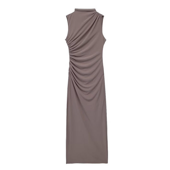 Autumn Pleated Decoration Slim Sleeveless Midi Dress-Brown-1-Fancey Boutique