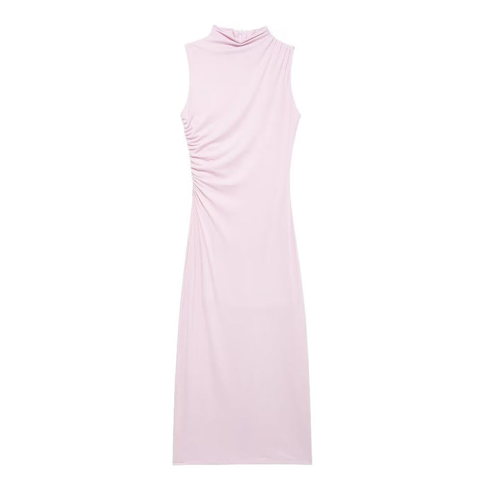 Autumn Pleated Decoration Slim Sleeveless Midi Dress-Pink-1-Fancey Boutique