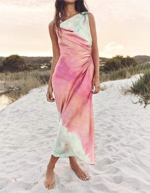 Summer Women Clothing Tie Dyed Printed Satin Maxi Dress-Fancey Boutique