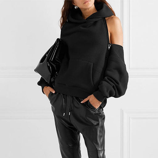 Color-Black-Spring Baggy Zipper Off Shoulder Top Hooded Thickened Women-Fancey Boutique