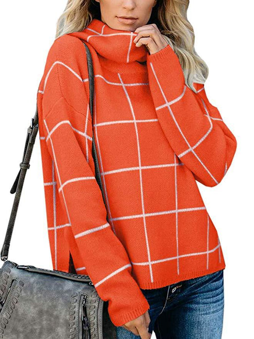 Color-Orange-Winter Plaid Sweater Pullover Turtleneck Pullover Plaid Knitwear for Women-Fancey Boutique