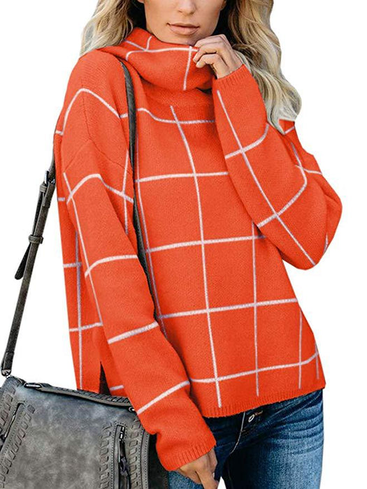 Color-Orange-Winter Plaid Sweater Pullover Turtleneck Pullover Plaid Knitwear for Women-Fancey Boutique