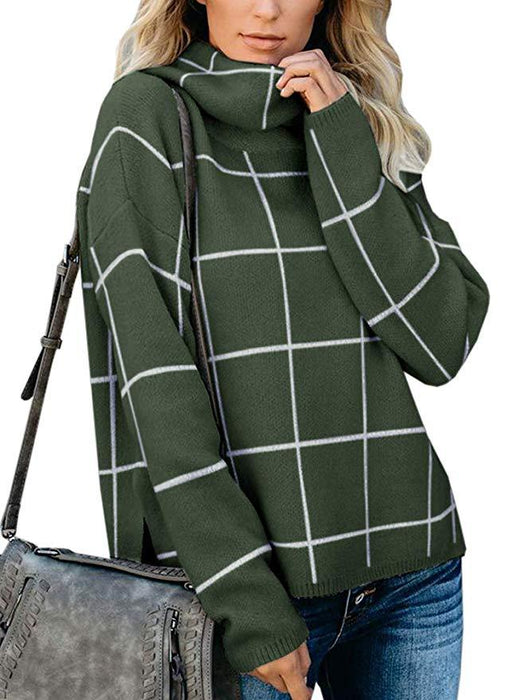 Color-Green-Winter Plaid Sweater Pullover Turtleneck Pullover Plaid Knitwear for Women-Fancey Boutique