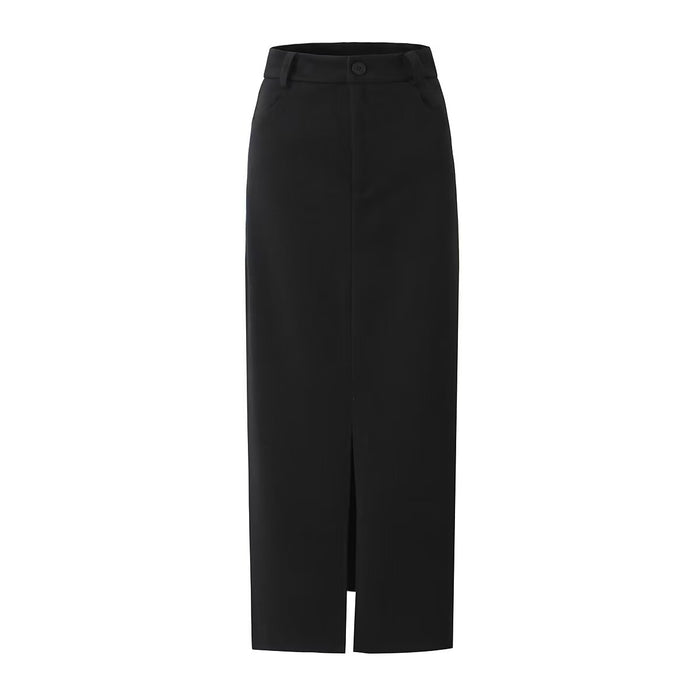 Autumn Winter High Waist Casual Solid Color Wool Skirt Hip Casual All Matching Mid Length Skirt Slit Hemline-Black-Fancey Boutique