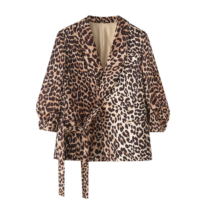 Leopard Cuff Pleated Blazer Long Sleeved Retro Top for Women-Fancey Boutique