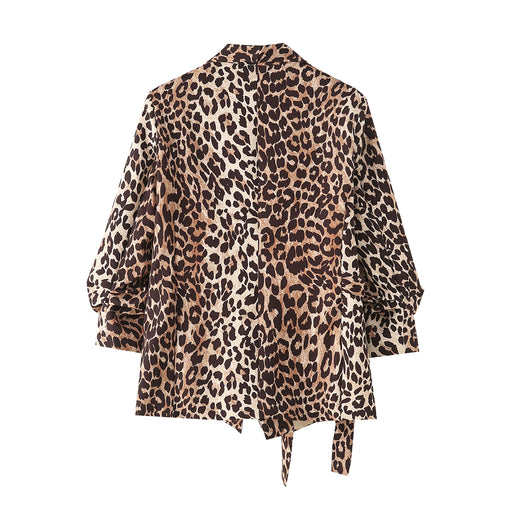 Leopard Cuff Pleated Blazer Long Sleeved Retro Top for Women-Fancey Boutique