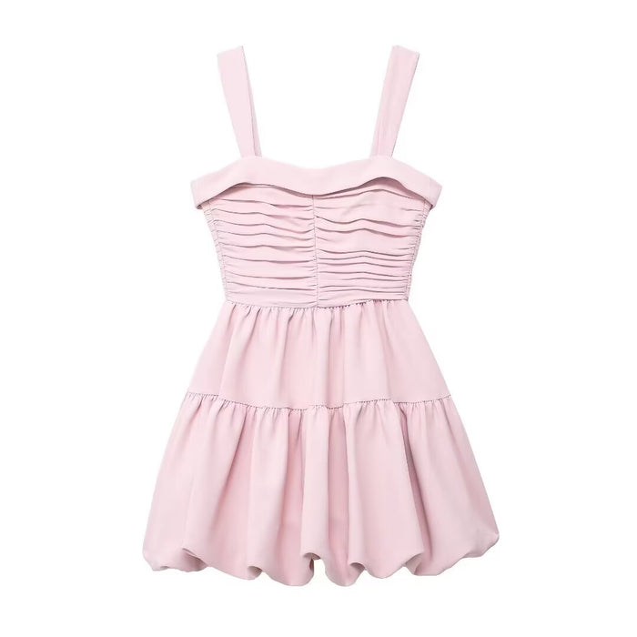 Embellished Balloon Slim Fit Ruffled Sling Short Dress Women-Pink-Fancey Boutique