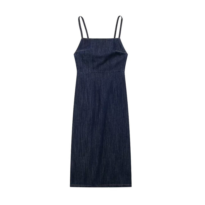 Women Clothing French Retro Waist Controlled Split Denim Sling Dress-Fancey Boutique