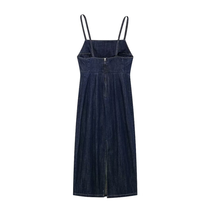 Women Clothing French Retro Waist Controlled Split Denim Sling Dress-Fancey Boutique