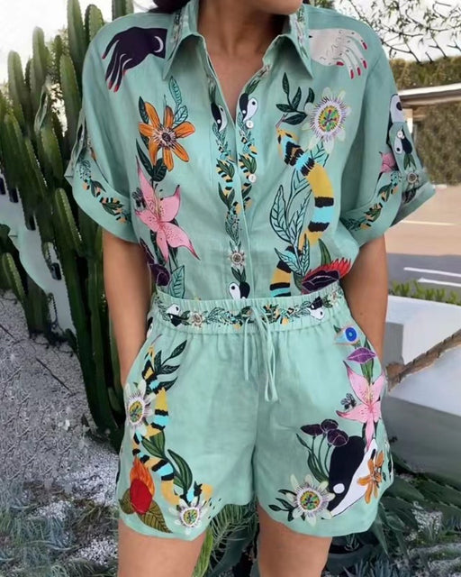 Casual Two Piece Suit Cotton Linen Printed Shirt Shorts Amplified craft-Multi-Fancey Boutique