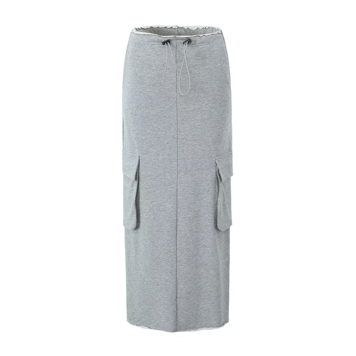 Women High Waist Drawstring Split Skirt High Grade Frayed Floor Length Dress Skirt-Gray-Fancey Boutique