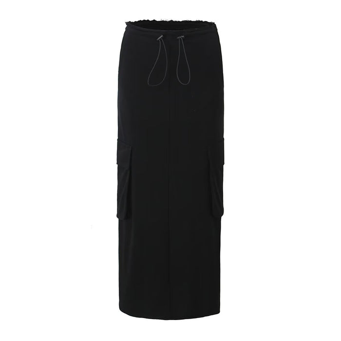 Women High Waist Drawstring Split Skirt High Grade Frayed Floor Length Dress Skirt-Black-Fancey Boutique