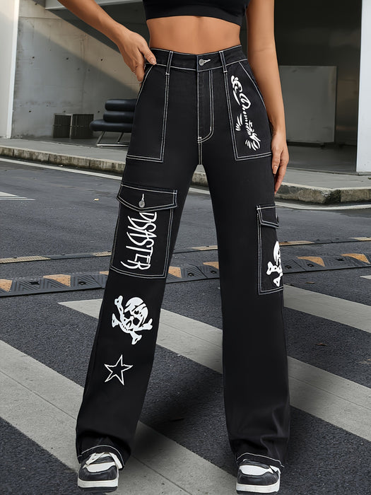 Retro Sexy Fried Street Overalls Loose Straight Leg Denim Printed Mopping High Waist Women Pants Fashionable-Black-Fancey Boutique