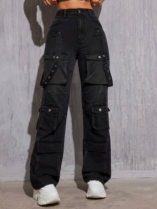 Denim High Elastic High Street Strap Street Trend Hip Hop Straight Cargo-Black-Fancey Boutique