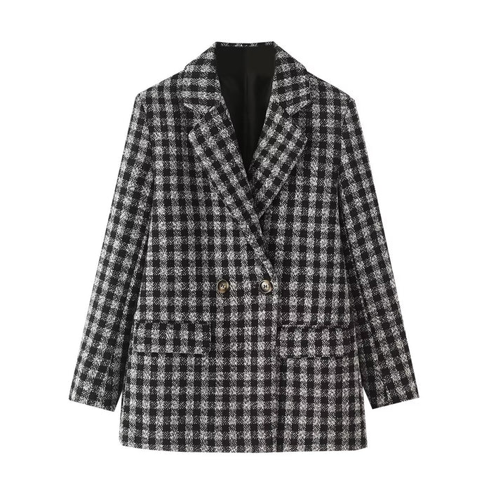 Autumn Woolen Plaid Blazer Women Small Blazer-Fancey Boutique