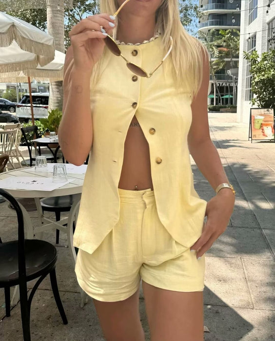 Summer Round Neck Sleeveless Vest High Waist Straight Leg Pants Office Suit Women-Fancey Boutique