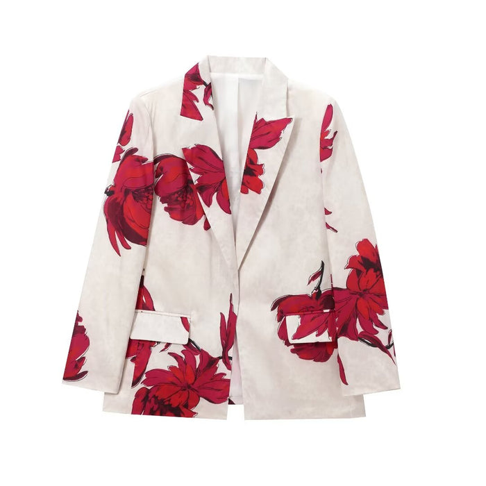 Women Summer Satin Printed Blazer Satin Floral Printed Trousers-White Top-Fancey Boutique