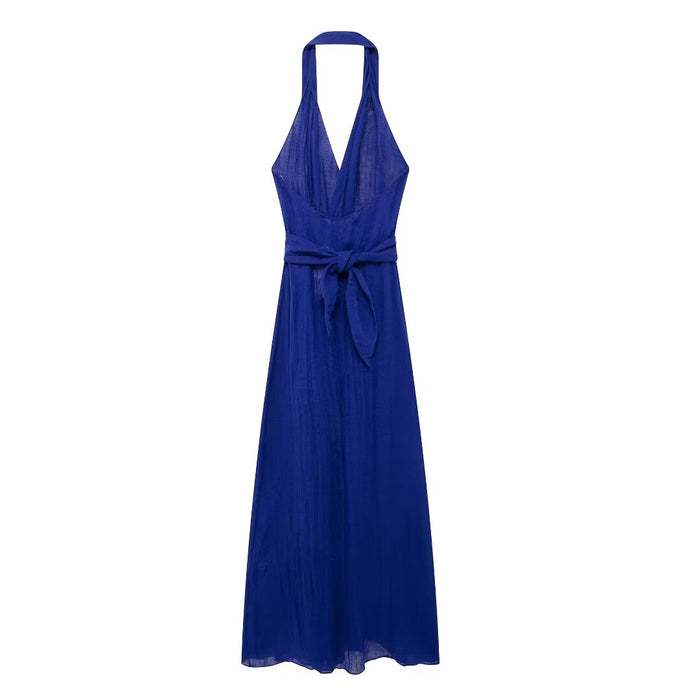 Women Linen Blended Sexy Halter Maxi Dress-Fancey Boutique