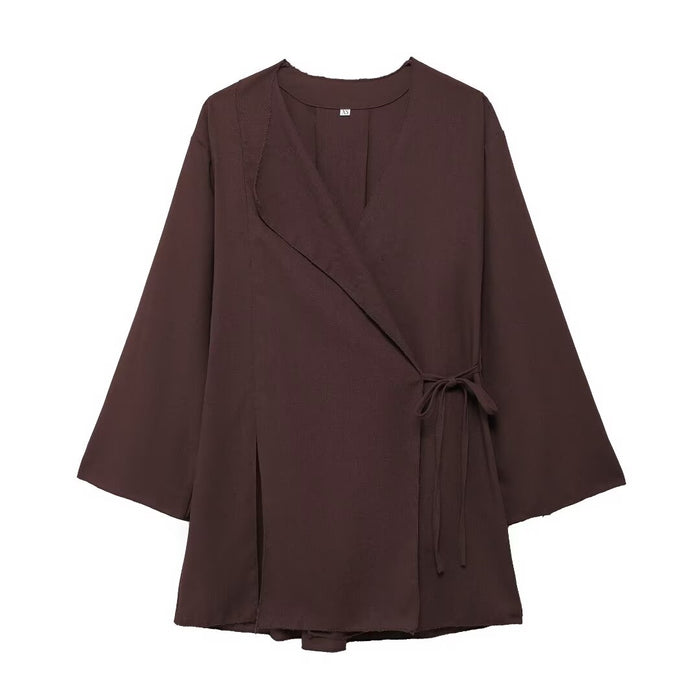 Women Linen Kimono Cross Coat Fluid Pants-Brown Top-Fancey Boutique