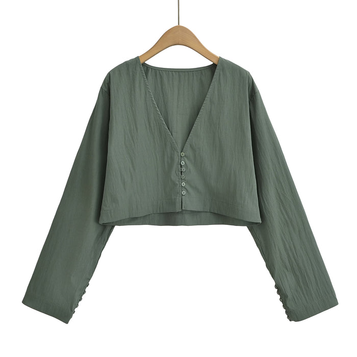 Women Solid Color Vertical Long Sleeve Loose Short Shirt-Green-Fancey Boutique