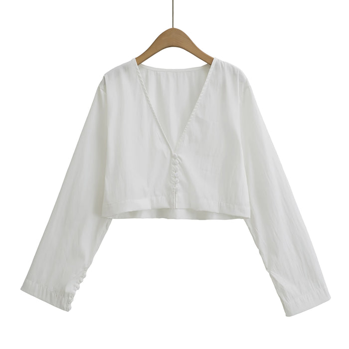 Women Solid Color Vertical Long Sleeve Loose Short Shirt-White-Fancey Boutique