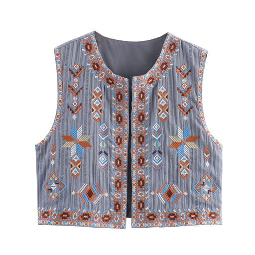 Graceful Fashionable Round Neck Sleeveless Vest Top Women Summer Bohemian Embroidery Cotton Linen Coat-Fancey Boutique