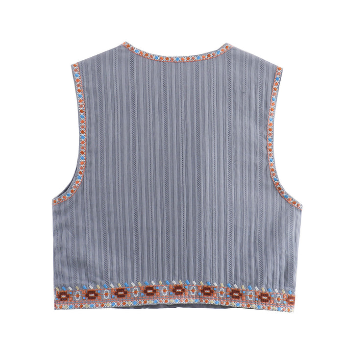 Graceful Fashionable Round Neck Sleeveless Vest Top Women Summer Bohemian Embroidery Cotton Linen Coat-Fancey Boutique