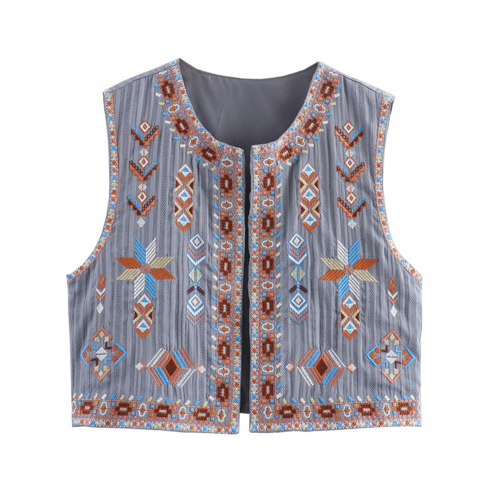 Graceful Fashionable Round Neck Sleeveless Vest Top Women Summer Bohemian Embroidery Cotton Linen Coat-Gray-Fancey Boutique