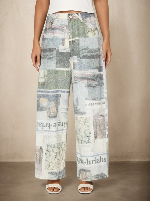 Newspaper Printing Design Wide Leg Jeans Women All Match Drooping Slimming Straight Jeans-Fancey Boutique