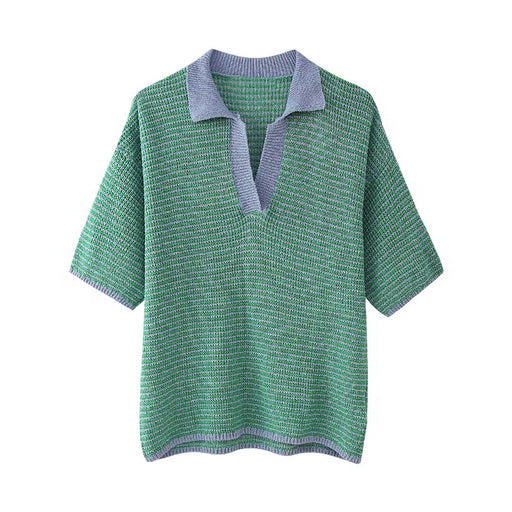 Summer Women Knitted Polo Shirt Collar Top Shorts Suit-Green-Fancey Boutique