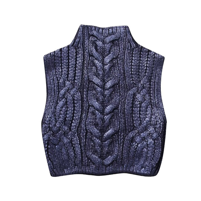 Women Clothing Winter Eight Strand Knitted Metallic Stand Collar Casual Knitted Vest Jacket-Fancey Boutique