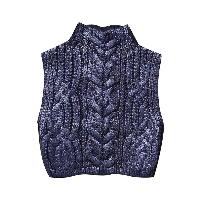 Women Clothing Winter Eight Strand Knitted Metallic Stand Collar Casual Knitted Vest Jacket-Fancey Boutique