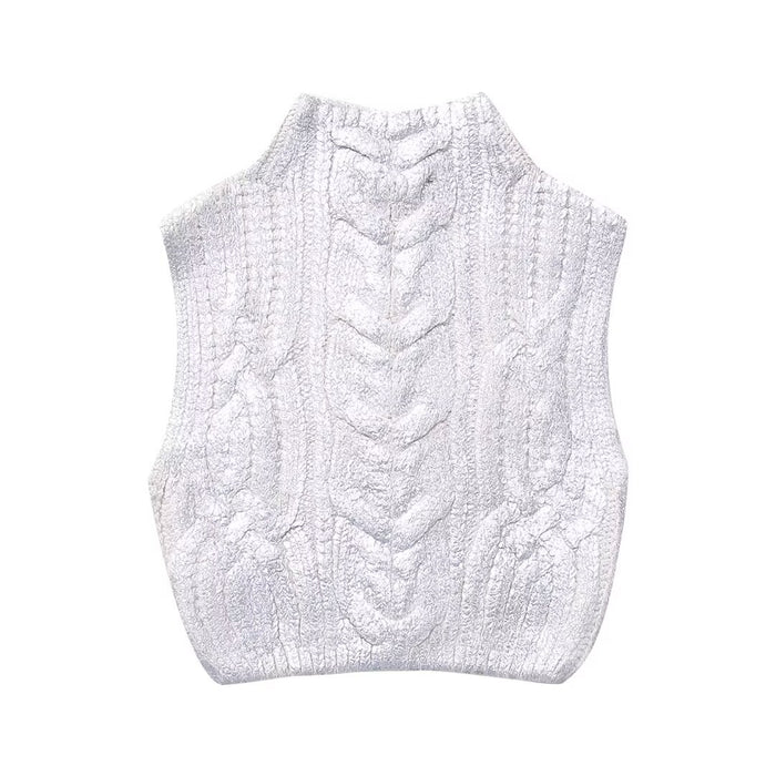 Women Clothing Winter Eight Strand Knitted Metallic Stand Collar Casual Knitted Vest Jacket-Fancey Boutique