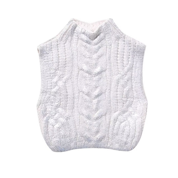 Women Clothing Winter Eight Strand Knitted Metallic Stand Collar Casual Knitted Vest Jacket-White-Fancey Boutique