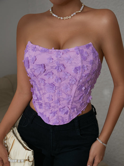 Sweet Spicy Mesh Purple Three Dimensional Cut Floral Rhombus Boning Corset Corset Summer Lace up Outer Wear Tube Top-Fancey Boutique