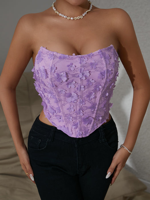 Sweet Spicy Mesh Purple Three Dimensional Cut Floral Rhombus Boning Corset Corset Summer Lace up Outer Wear Tube Top-Fancey Boutique