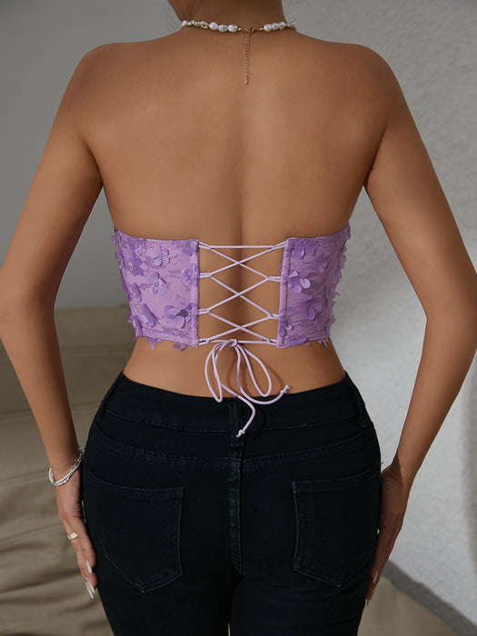 Sweet Spicy Mesh Purple Three Dimensional Cut Floral Rhombus Boning Corset Corset Summer Lace up Outer Wear Tube Top-Fancey Boutique