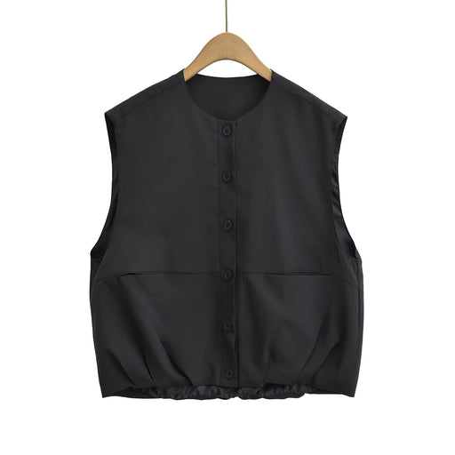 Women Clothing Summer Street Camisole Row Button Round Neck Vest Top-Fancey Boutique