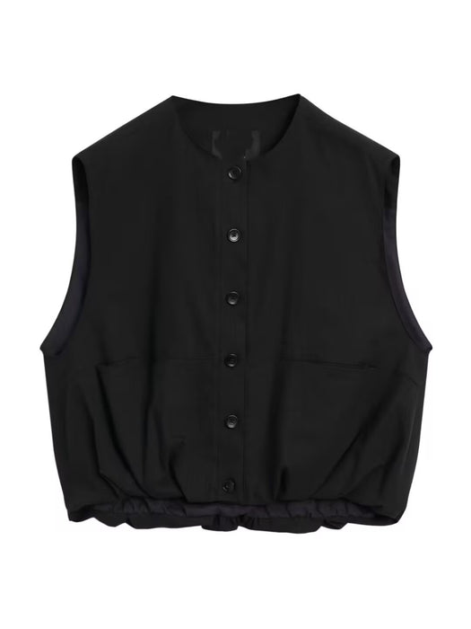 Women Clothing Summer Street Camisole Row Button Round Neck Vest Top-Black-Fancey Boutique