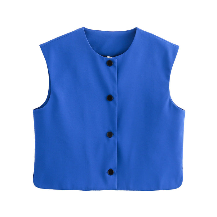 Fall Women Clothing Fashionable All Match Casual Decorated Row Button Vest Top-Blue-Fancey Boutique