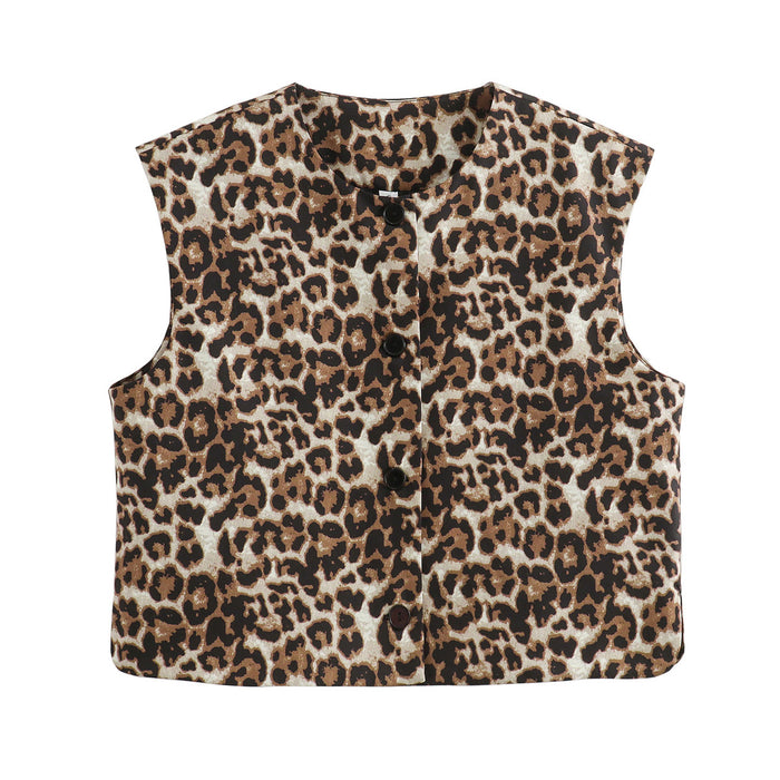 Fall Women Clothing Fashionable All Match Casual Decorated Row Button Vest Top-Leopard-Fancey Boutique