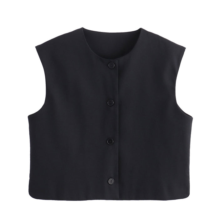 Fall Women Clothing Fashionable All Match Casual Decorated Row Button Vest Top-Black-Fancey Boutique