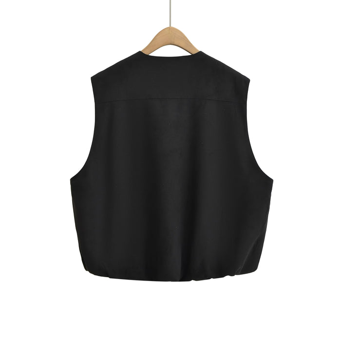 Casual Simple Crew Neck Loose Vest Zipper Vest Autumn Solid Color Pleated Inner Wear-Fancey Boutique