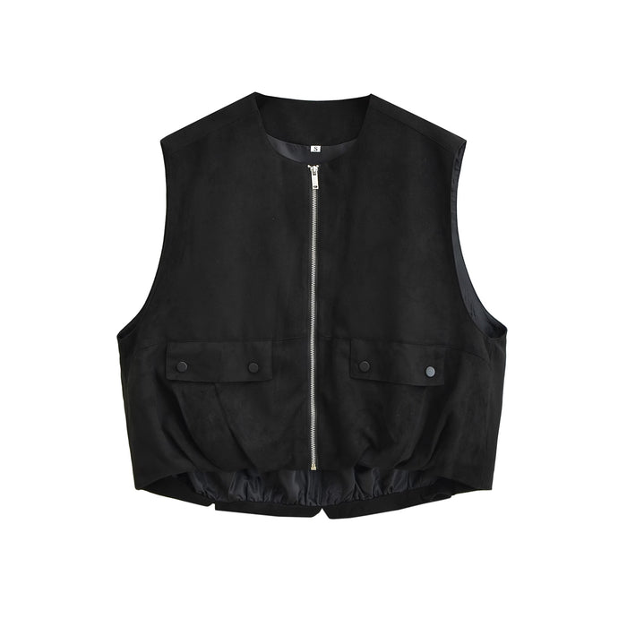 Casual Simple Crew Neck Loose Vest Zipper Vest Autumn Solid Color Pleated Inner Wear-Black-Fancey Boutique