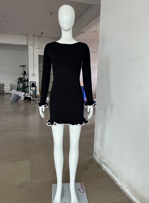 Wave Edge Dress Sexy Tight Wooden Ear Curling Knitted Dress Long Sleeve Ball Autumn Winter-Fancey Boutique