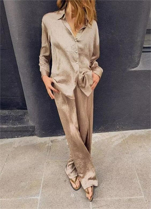 Summer Women Silk Satin Textured Shirt Straight Leg Pants Suit-Fancey Boutique