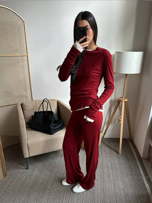 Autumn Winter Soft Modal Women Casual Top Wide Leg Pants Christmas Red Two Piece Set-Fancey Boutique