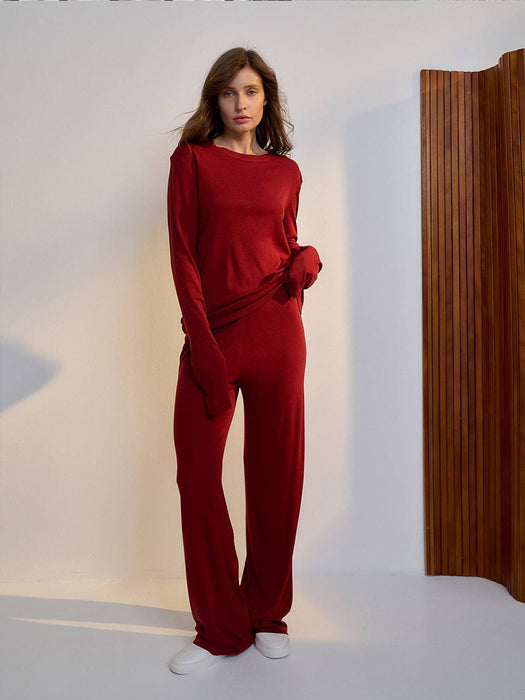 Autumn Winter Soft Modal Women Casual Top Wide Leg Pants Christmas Red Two Piece Set-Fancey Boutique