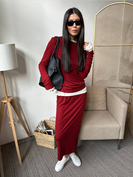 Autumn Winter Soft Modal Women Casual Top Wide Leg Pants Christmas Red Two Piece Set-Red Skirt Set-Fancey Boutique